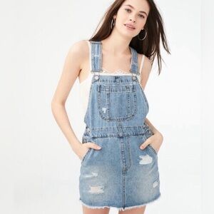 Aeropostale Light Wash Denim Skirtall, Frayed, Destroyed Denim Overall Dress XS